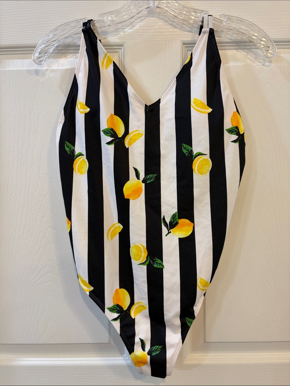 No Boundaries Black & White Striped One-Piece Swimsuit with Yellow Lemon Print